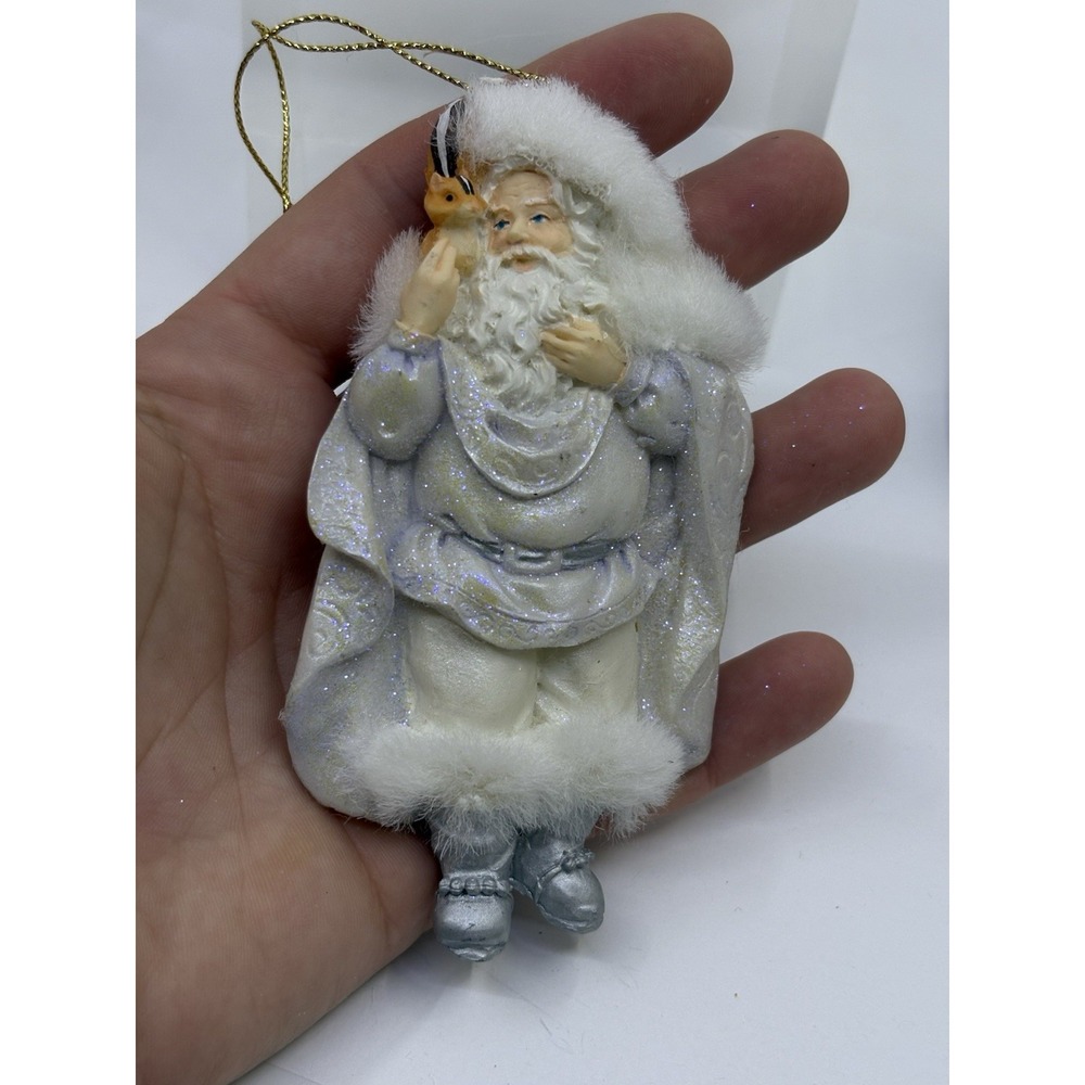 Christmas Santa With Squirrel Silver Sparkle Ornament